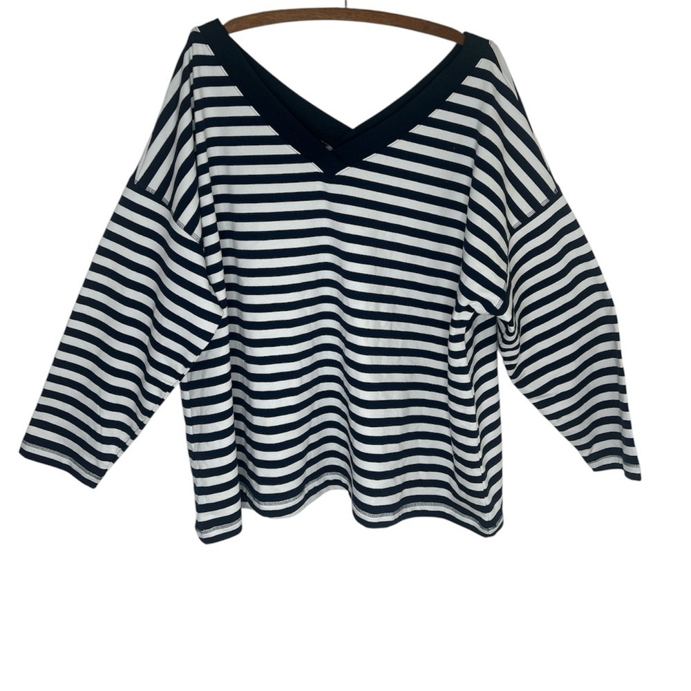 J. JILL FIT Navy White Striped French Terry V-Neck Sweatshirt Size 3X